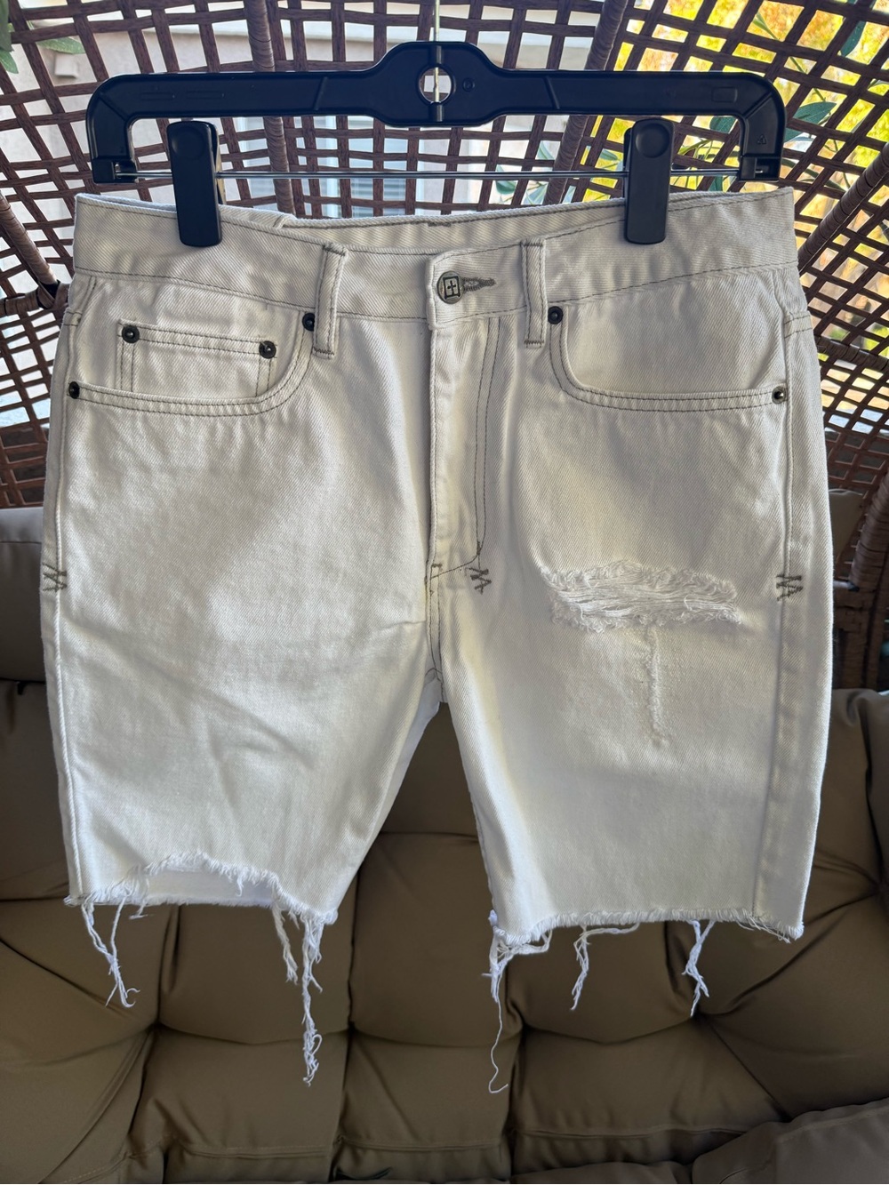 Ksubi White Distressed Raw Hem Denim Shorts